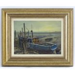 Keith Burtonshaw, 20th century, Oil on board, Beached boats on the Blackwater Estuary. Signed