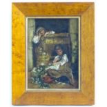 19th century, Continental School, Oil on canvas, A courtyard scene with two children with a cat