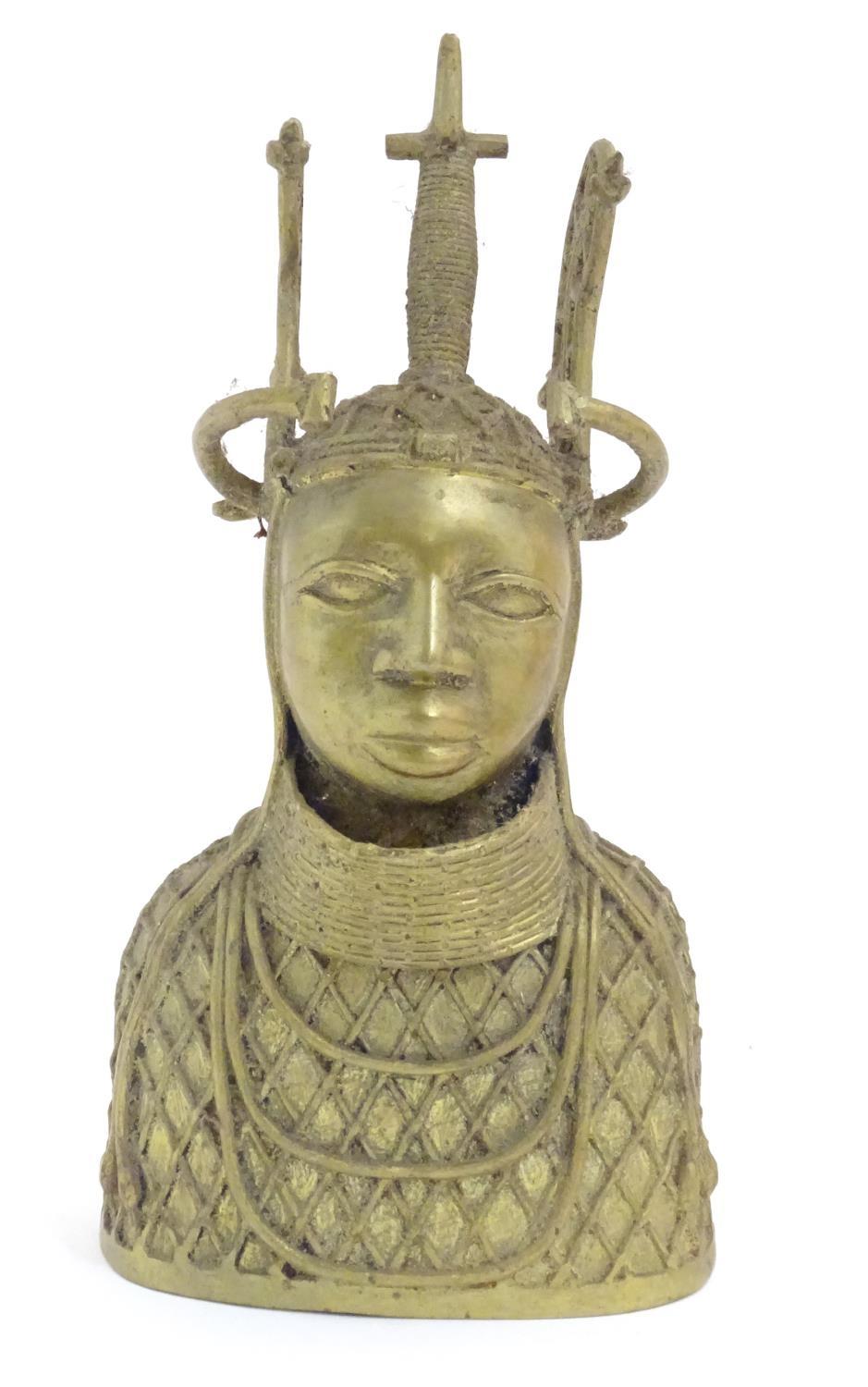 An early 20thC cast model of the Benin Bronze bust depicting Oba of Benin in ceremonial dress. - Image 3 of 5