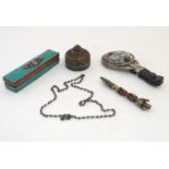 A quantity of Oriental and Indian items to include a hand mirror, pen box, pot and cover with
