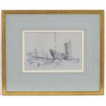 A 20th century pencil drawing depicting fishing boats off the coast, with a church on the cliffs
