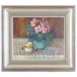 Mary Remington (1910-2003), Oil on board, A still life study in pinks and greens with flowers and