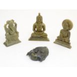 Three assorted soapstone carvings to include a model of the Indian deity Ganesh, a model of