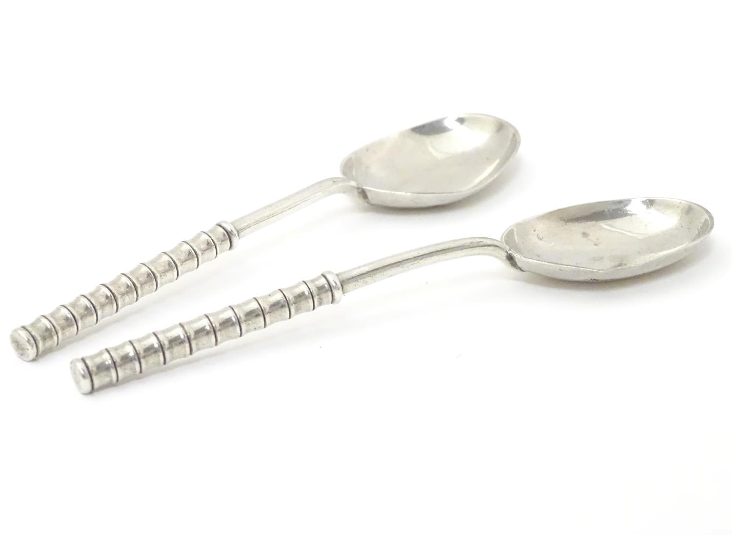 A pair of Victorian Scottish silver teaspoons with unusual handles with stylised bamboo detail, - Image 4 of 6