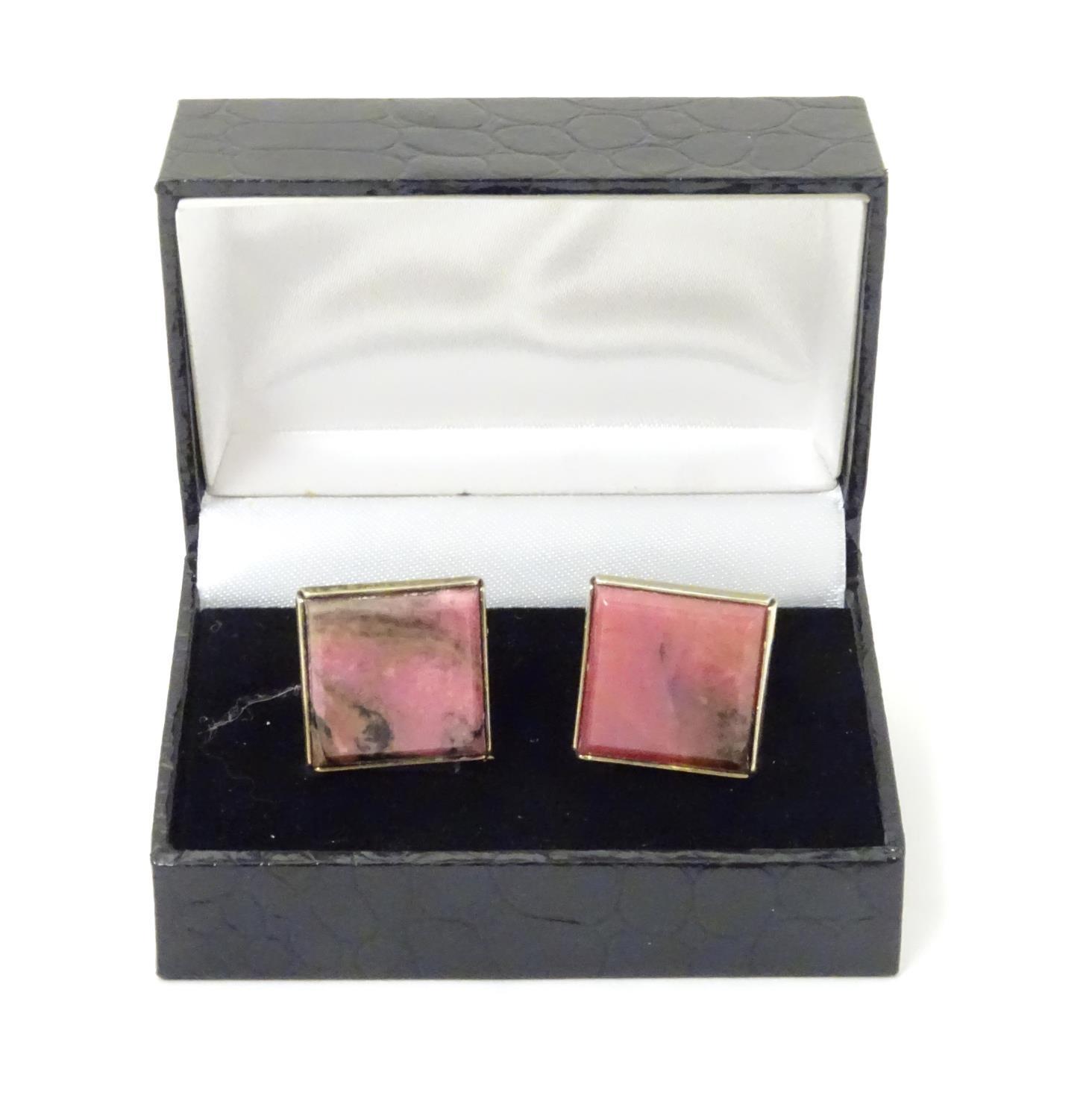 Russian silver gilt cufflinks set with pink rhodonite hardstone detail. 3/4" wide Please Note - we - Image 3 of 8