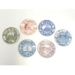 Six assorted Staffordshire plates depicting various American historic locations, to include Hot