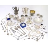 Assorted silver plated wares to include various flatware, dishes, bowls hot water pot etc Please