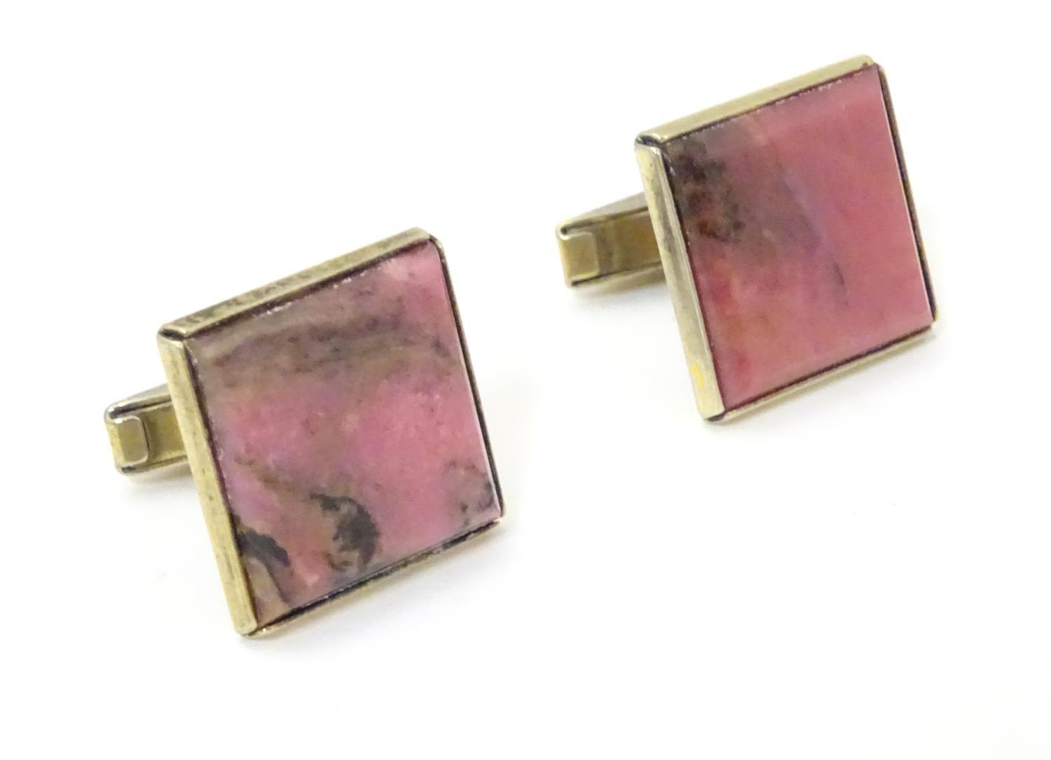Russian silver gilt cufflinks set with pink rhodonite hardstone detail. 3/4" wide Please Note - we - Image 4 of 8