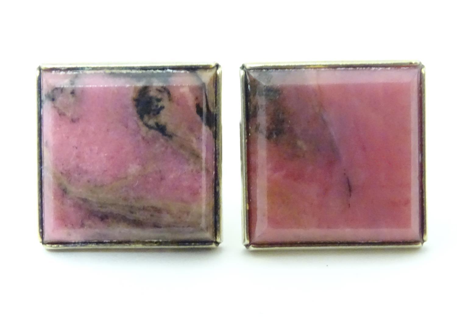 Russian silver gilt cufflinks set with pink rhodonite hardstone detail. 3/4" wide Please Note - we - Image 2 of 8