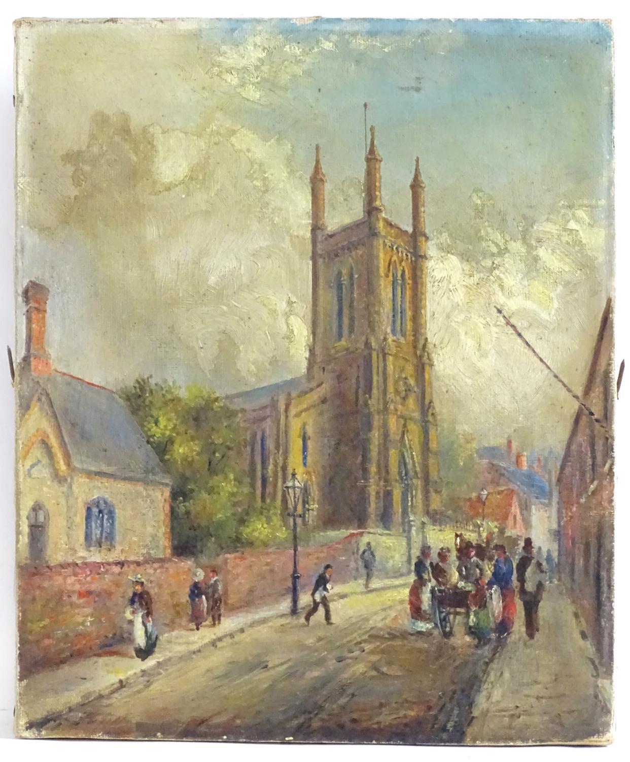 19th century, Oil on canvas, A street scene with a view of St Andrew's Church from Bell Barn Street,