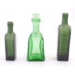 3 various green glass bottles including two with impressed details of ' Shieldhall Essence of Coffee