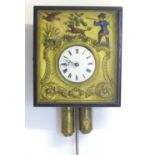A 19thC Biedermeier clock , the diorama style case with scene depicting huntsman with dog and game