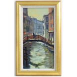 Keith Jansz, 20th century, Oil on board, A Venice canal with two figures on a bridge. Signed with