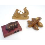 Toys: A treen push along toy modelled as a stylised pig. Together with a Russian folk art carved