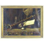 19th century, Continental School, Oil on canvas, A still life study with a musical instrument, glass