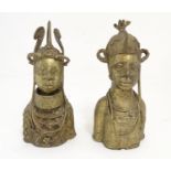 Two 20thC cast models of Benin Bronze busts in ceremonial dress. Approx. 10 1/2" high (2) Please