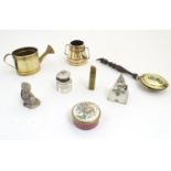 A quantity of assorted items to include a miniature brass watering can, miniature brass bed