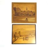 Two Arts and Crafts marquetry panels by Charles Spindler depicting figures in a landscape. Signed