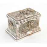 A French 19thC silver plate / electrotype jewel casket of rectangular form, the top with relief