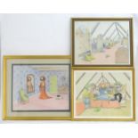 T Stevens, 20th century, Three watercolour storyboards for the Walt Disney cartoon Snow White,