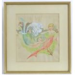 A 20th century watercolour depicting two young mermaids playing in the water. Approx. 9" x 8" Please