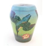 A limited edition Dennis China Works lidded vase with kingfisher and lotus detail, designed by Sally