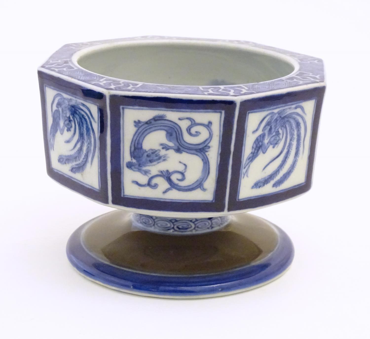 A Chinese blue and white octagonal pedestal bowl with panelled phoenix and dragon decoration. The - Image 5 of 8