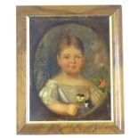 Victorian English School, Oil on canvas, A naive oval portrait of a young girl holding pansies.