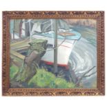 W E Wisdish (1910-1979), Oil on canvas laid on board, A moored boat at a riverbank. Ascribed
