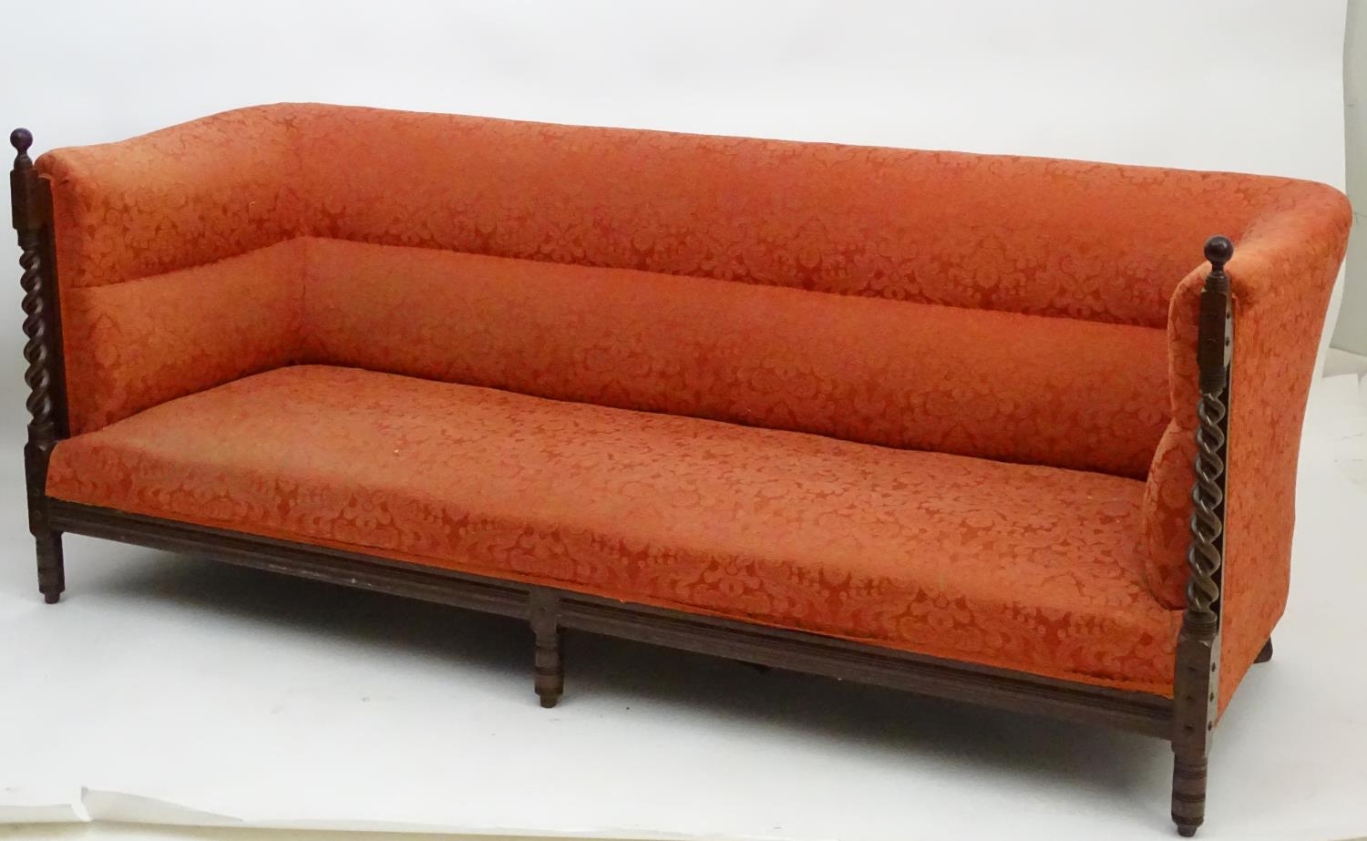 A late 19thC Arts & Crafts three seat sofa with turned barley twist pillars to the front with turned - Image 7 of 13