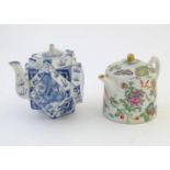 Two Chinese teapots comprising a blue and white example with a geometric body decorated with
