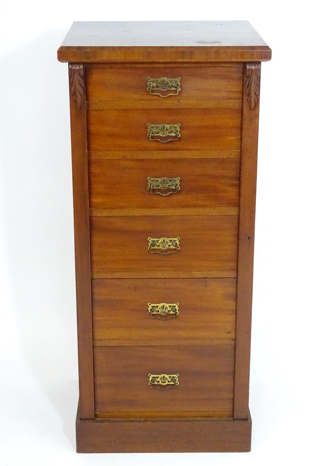 A late 19thC mahogany Wellington chest with a squared moulded top above six graduated drawers with - Image 4 of 7