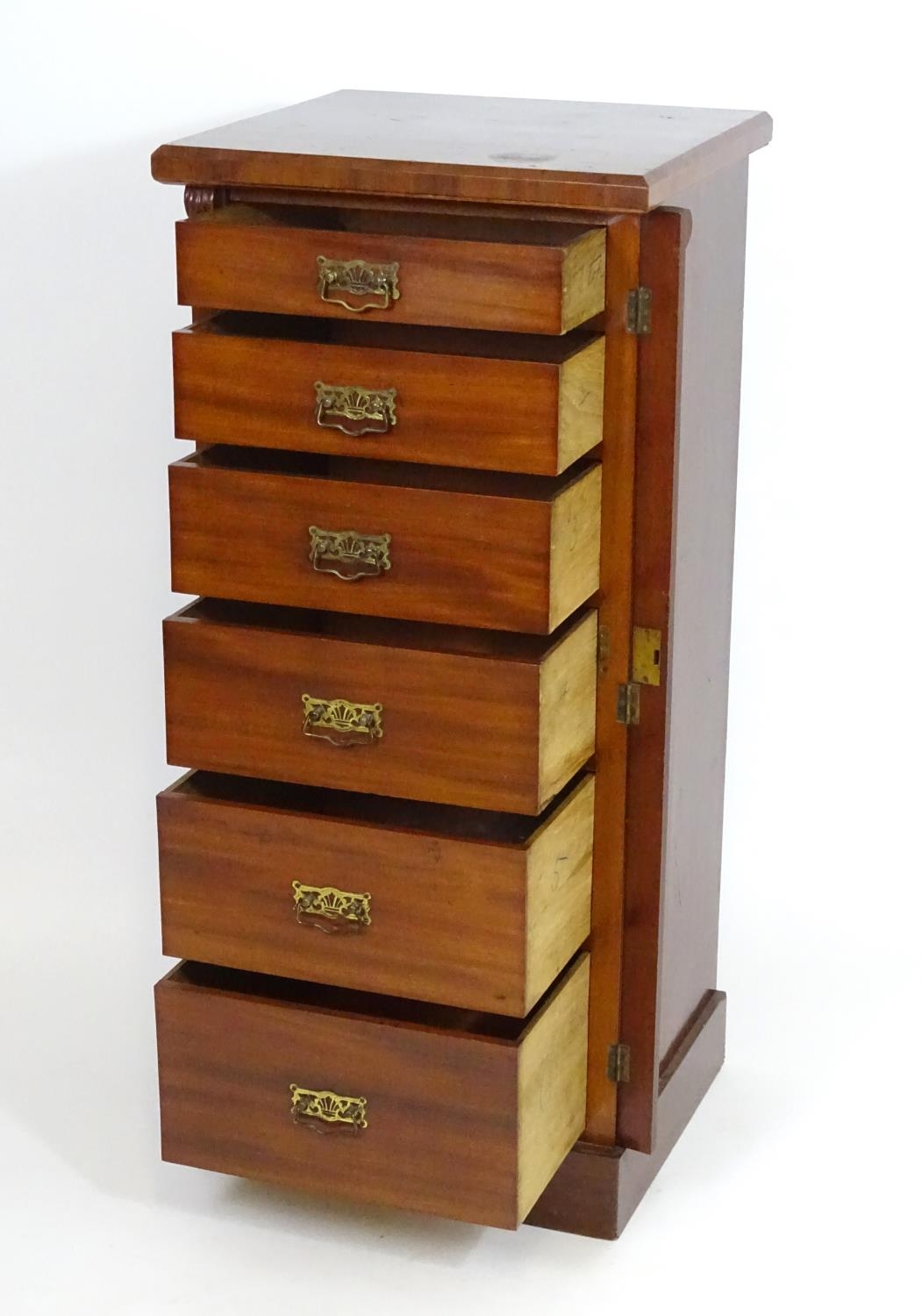 A late 19thC mahogany Wellington chest with a squared moulded top above six graduated drawers with - Image 6 of 7