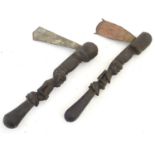 Ethnographic / Native / Tribal: A pair of African axes with carved figural handles. Approx. Please