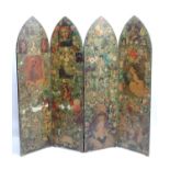 An early 20thC decoupage dressing screen with lancet shaped tops. 72" high. Please Note - we do