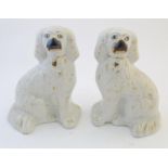 A pair of Staffordshire pottery spaniel dogs with gilt highlights. Approx. 10" high (2) Please