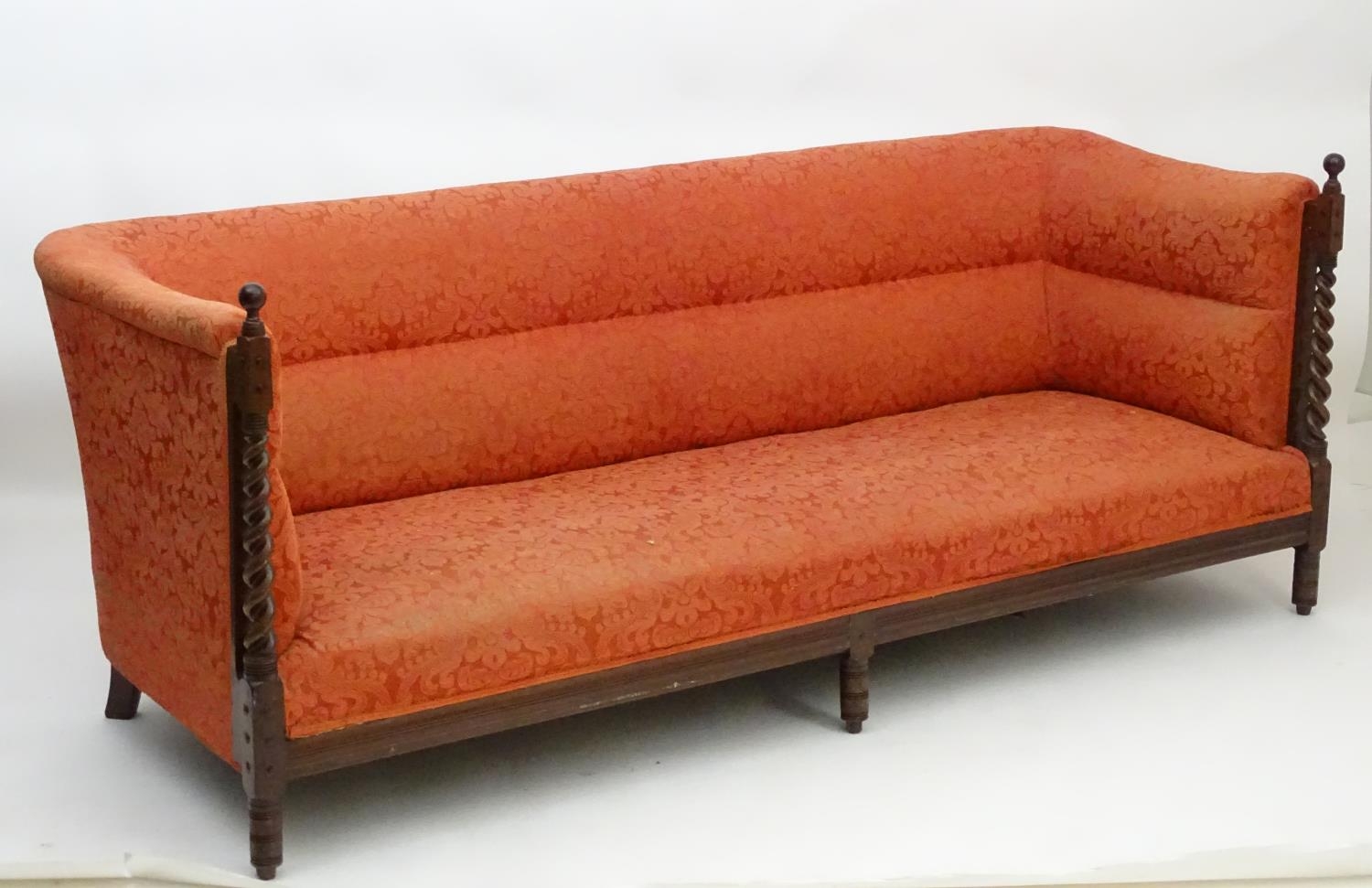 A late 19thC Arts & Crafts three seat sofa with turned barley twist pillars to the front with turned - Image 4 of 13