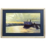 Ronny Moortgat, 20th century, Oil on canvas, Dusk Over Ferry Port, A shipping scene with boats at