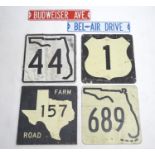 A selection of late 20thC American route / highway signs, together with two 21stC novelty road /