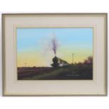 Laurence Roche, 20th century, Acrylic on board, Dawn Freight, A view of a railway line at sunrise