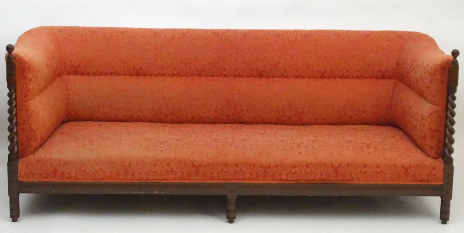 A late 19thC Arts & Crafts three seat sofa with turned barley twist pillars to the front with turned - Image 5 of 13