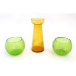 Two green glass bowls with crackle detail, together with an amber glass hyacinth vase 7 1/2" high (