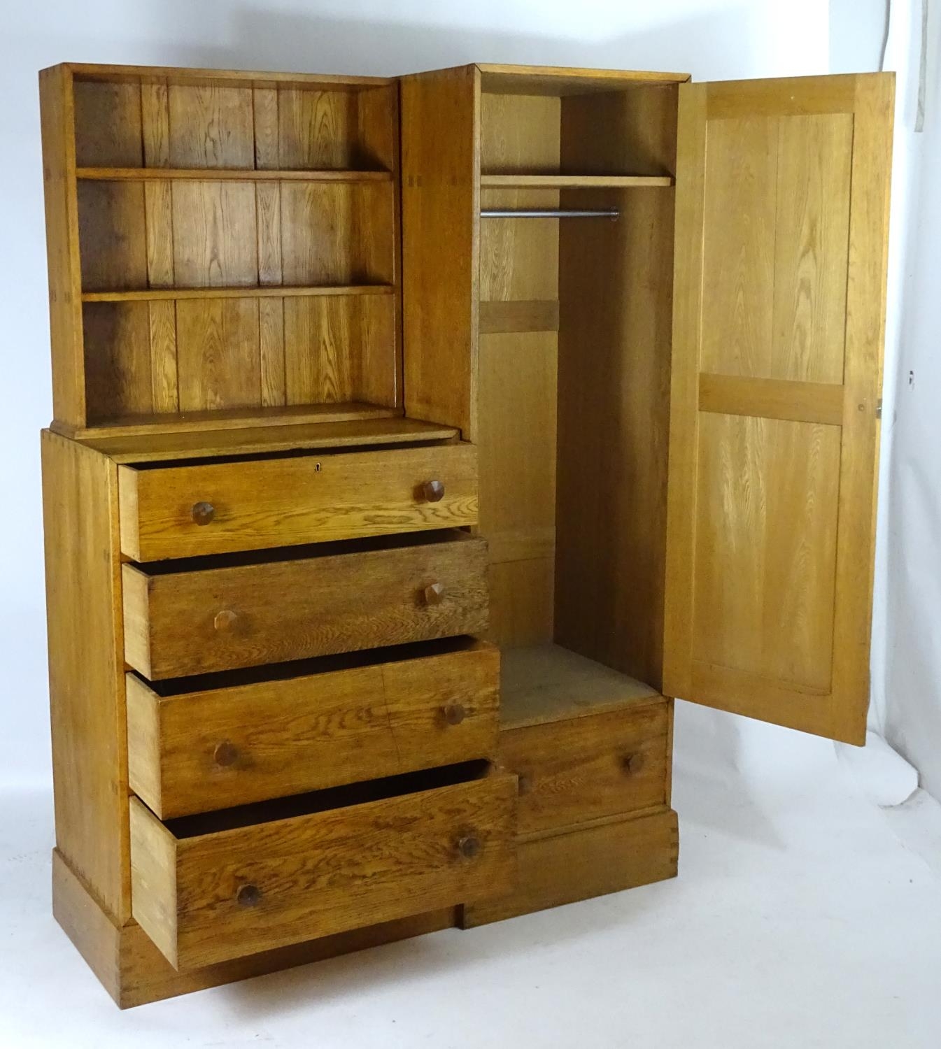 An early / mid 20thC oak combination wardrobe to a design by Peter Waals, Loughborough University. - Image 14 of 18