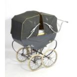 A mid 20thC Royale coach-built double / twin doll pram, in grey with white trim, 39'' long, 17''