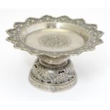 An Eastern / Indo -Persian white metal small tazza. Indistinctly signed under 2 1/2" high. Please