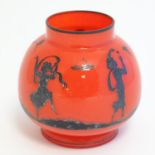 An early -mid 20thC red glass bow with painted with silhouette style decoration depicting girl ,