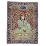 Rug / Carpet : A Persian silk prayer rug depicting seated figure, possibly Nur Ali Shah.