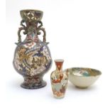 Three assorted Oriental items comprising a large Japanese vase with twin handles decorated with