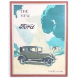 A framed advertising poster for the 1928 Ford Model A Tudor saloon, printed by Howitt Lithographers,