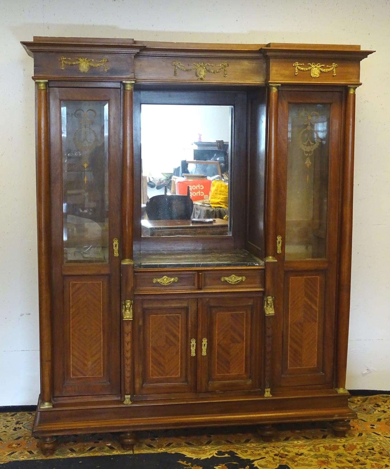 A mid 20thC continental mahogany cabinet having a recessed mirror back with grey marble top over two - Image 4 of 7